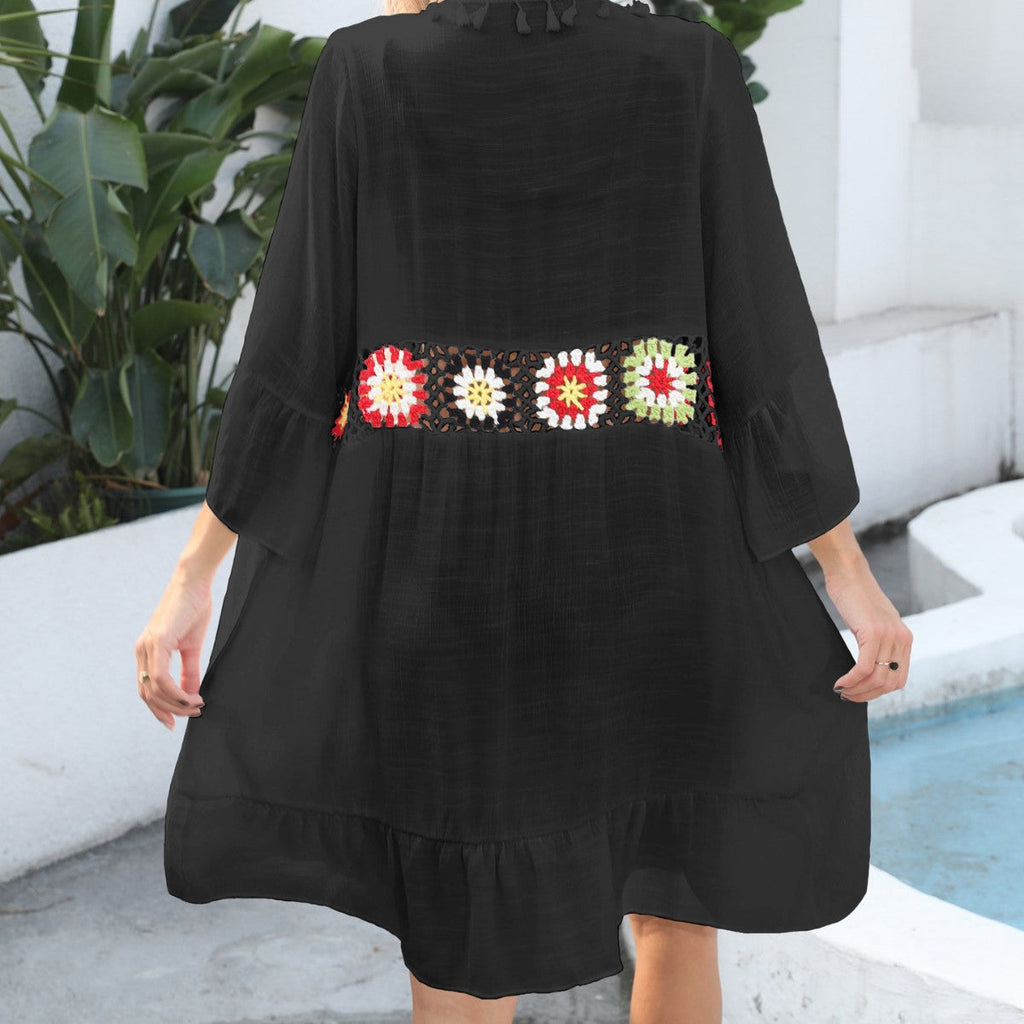 Women's Elegant Beach Cover-Up with Floral Crochet Pattern