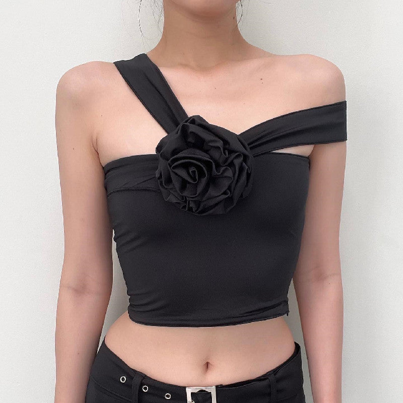 Women's Asymmetrical Top with Floral Appliqué and Adjustable Strap