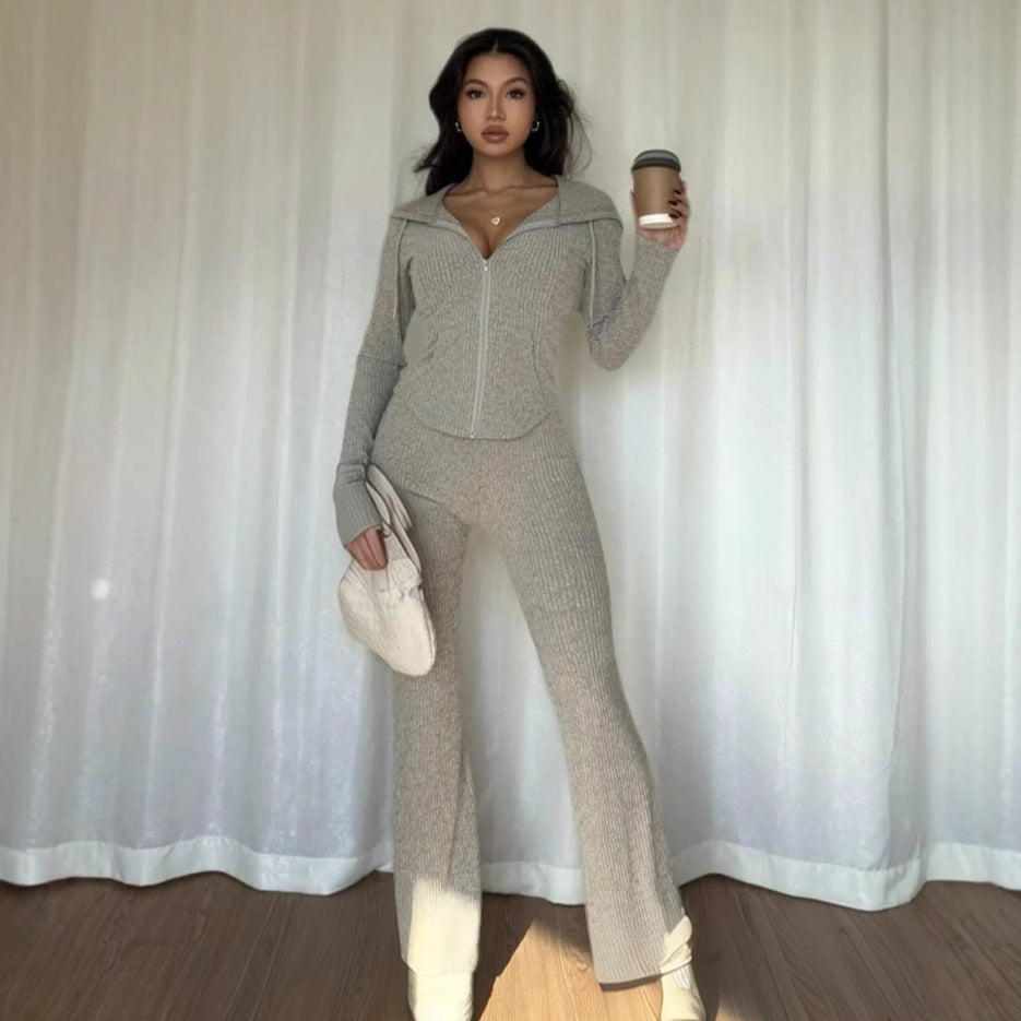 Women's High-Quality Knit Suit with Zipper and Wide Leg