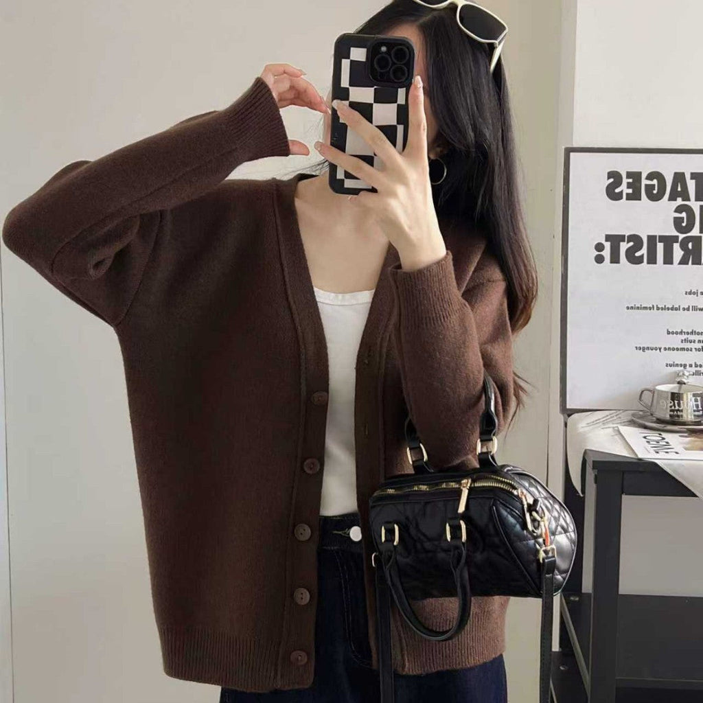 Women's Chunky Knit Cardigan with Deep V-Neck and Large Button Details