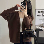Women's Chunky Knit Cardigan with Deep V-Neck and Large Button Details