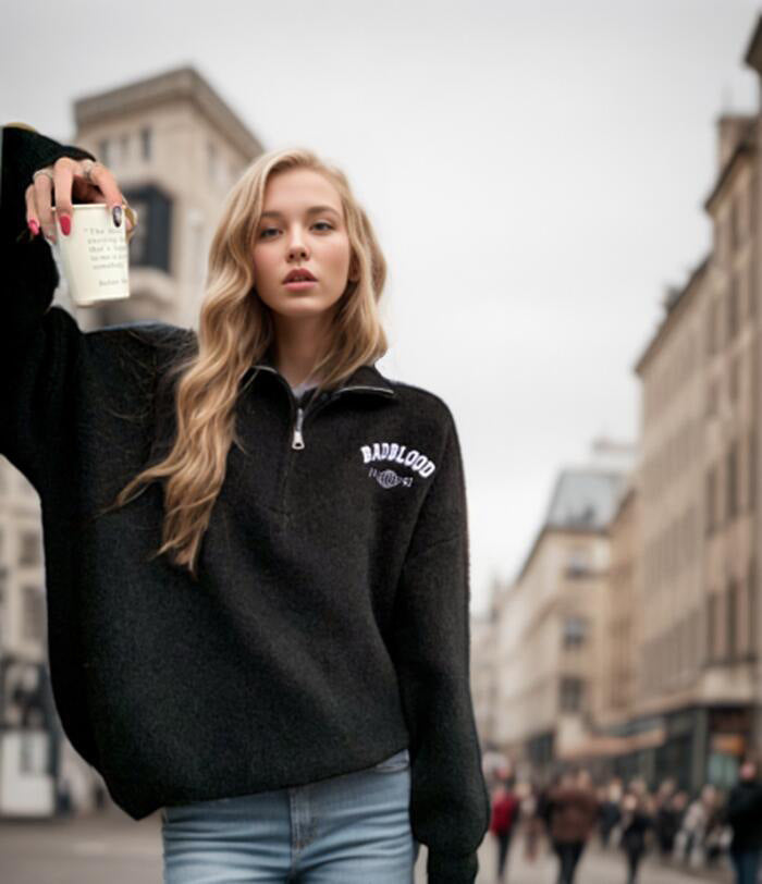 Women's Fluffy Mock Neck Sweater with Zipper