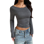 Women's Fitted Long-Sleeve Shirt with Textured Fabric and Wide Crew Neck