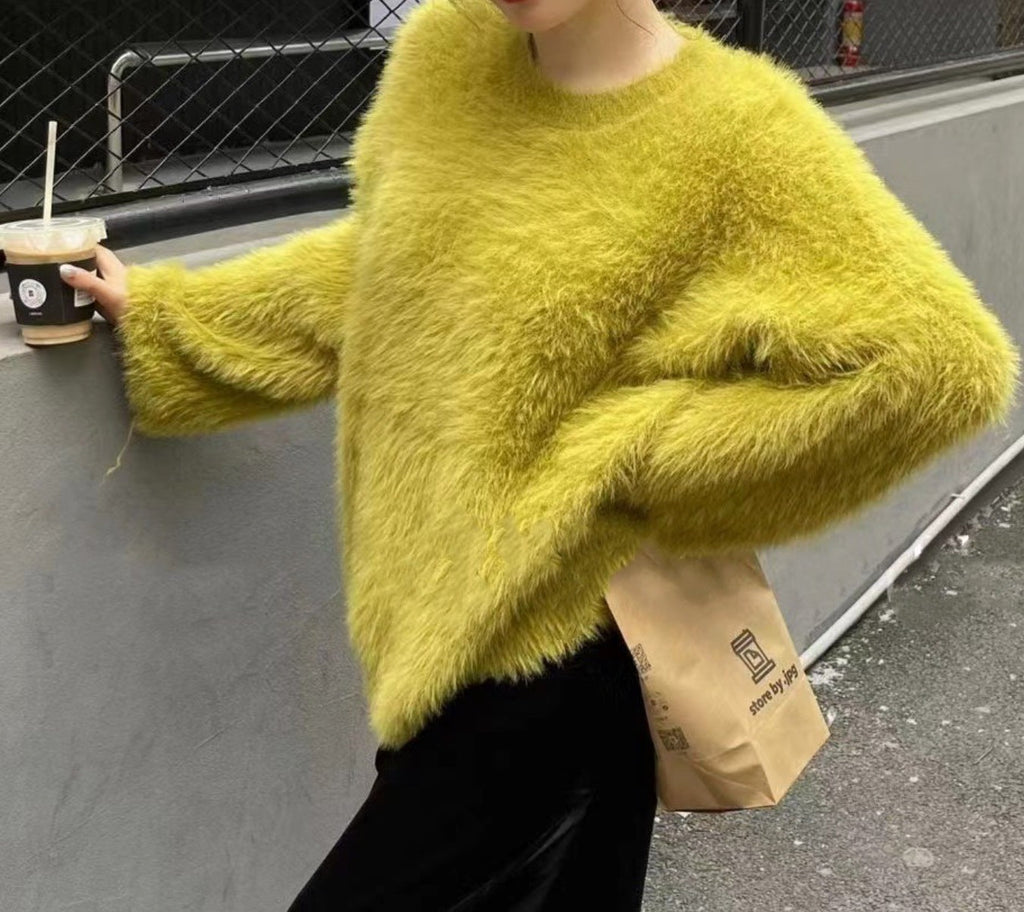 Women's Fluffy Pullover with Casual Fit and High Crew Neck