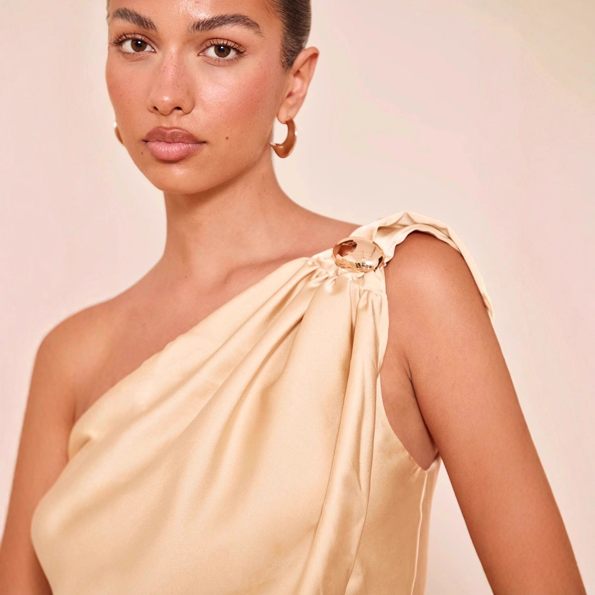 Women's Asymmetrical Satin Top with Draped Hem