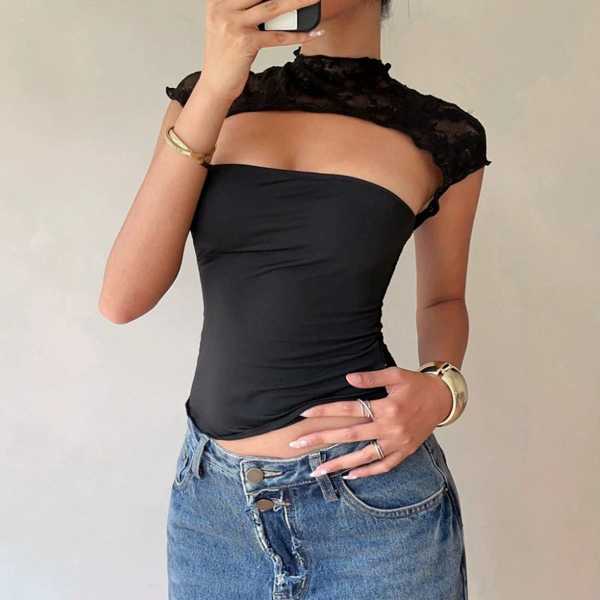 Women's Bodysuit with Lace Collar and Fitted Cut