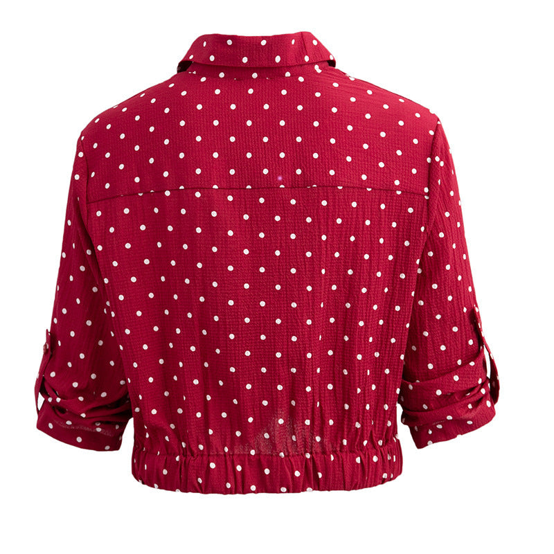 Women's Short Sleeve Knot Shirt with Polka Dot Pattern
