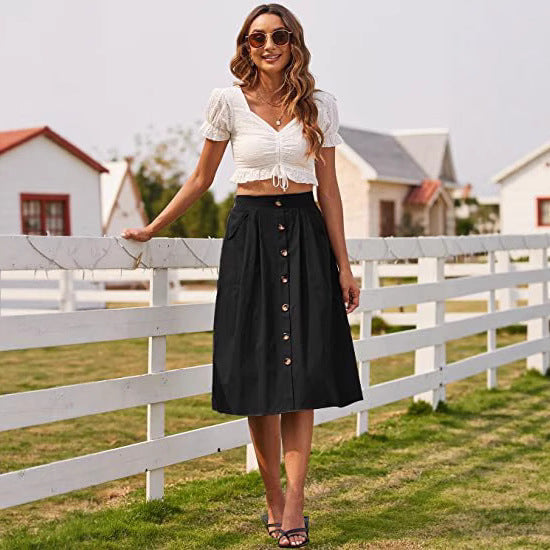 Women's Midi Skirt with Button Placket and Pockets