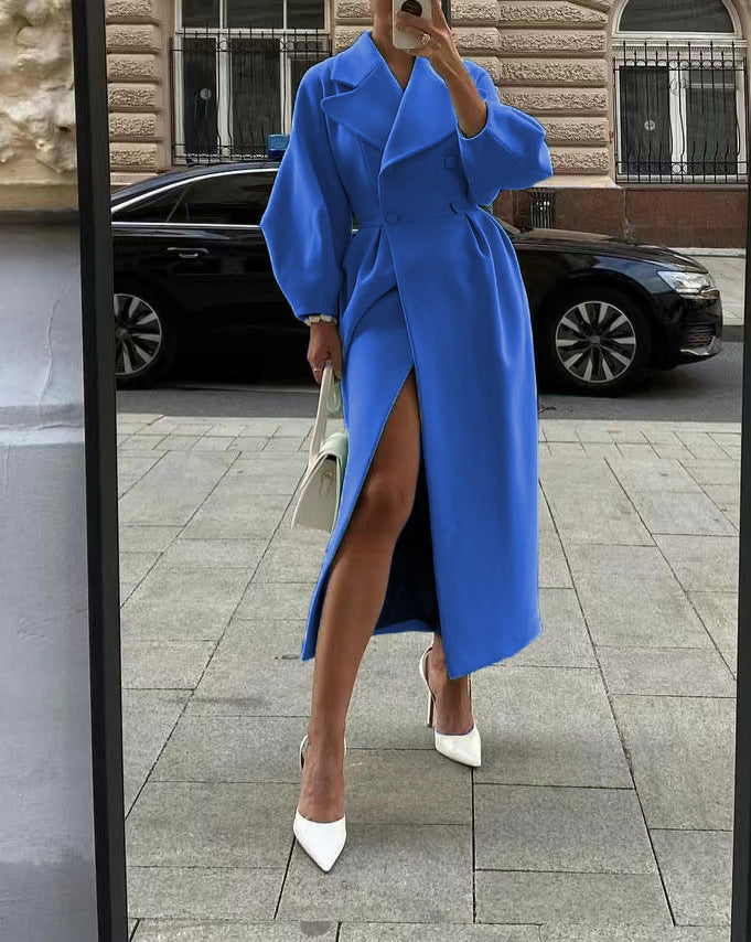 Women's Elegant Trench Coat with High Slit and Puff Sleeves