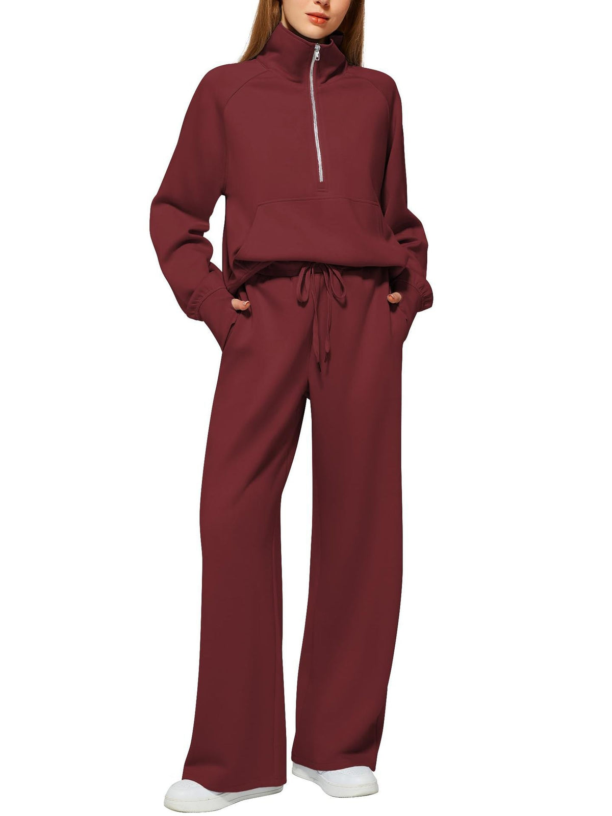 Women's Casual Sweatpants Suit with High Collar and Kangaroo Pocket