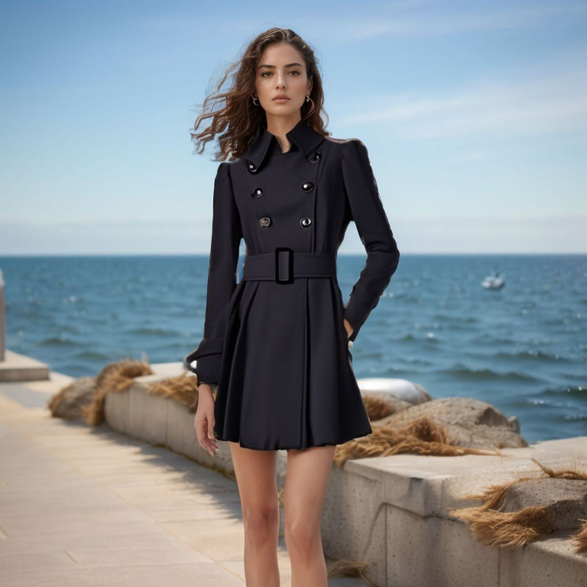 Women's Elegant Trench Coat with Tailored Cut and Decorative Buttons
