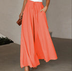 Women's Elegant and Airy Wide-Leg Trousers with Elastic Waist and Pockets