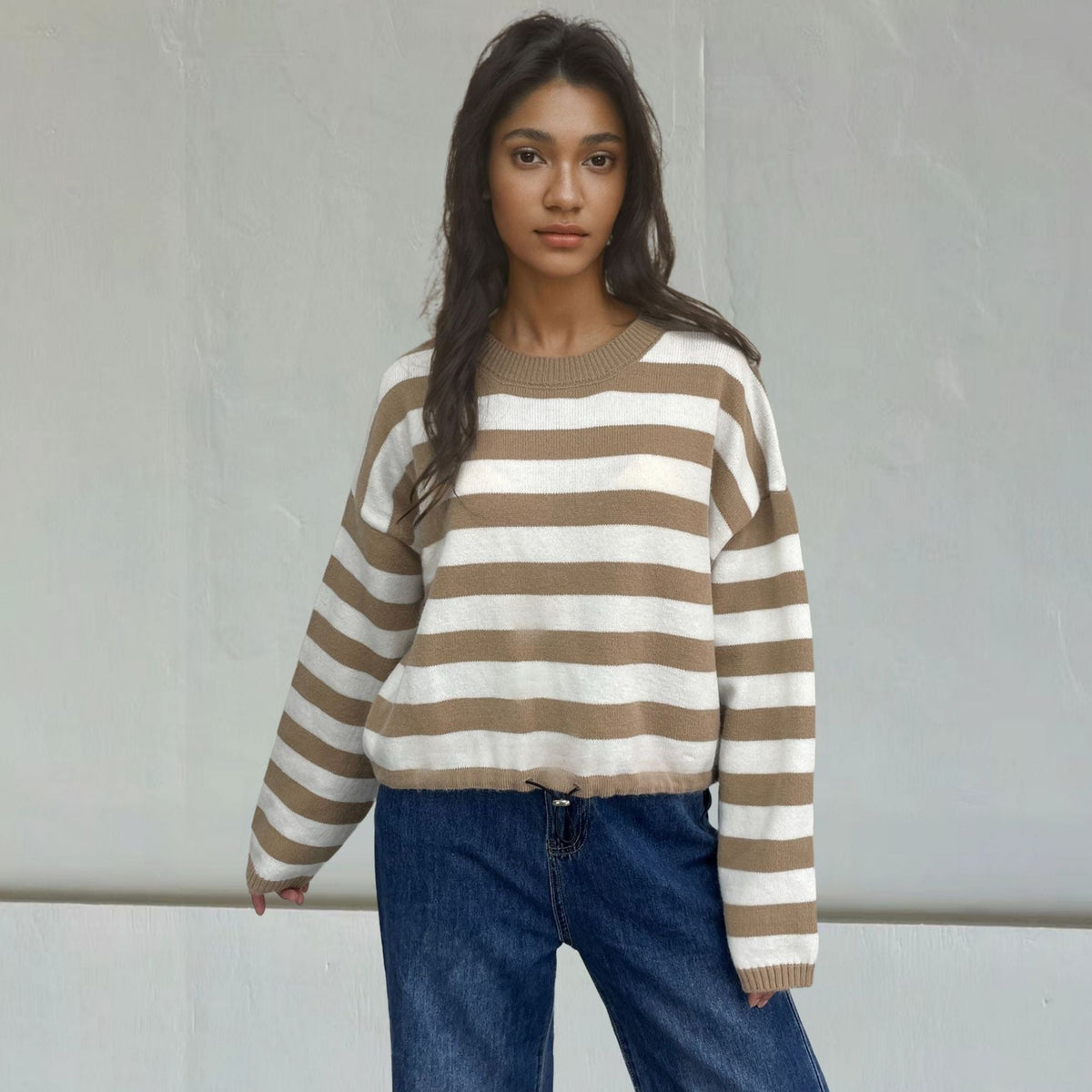 Women's Cozy Striped Sweater with Casual Fit and Deep Hem