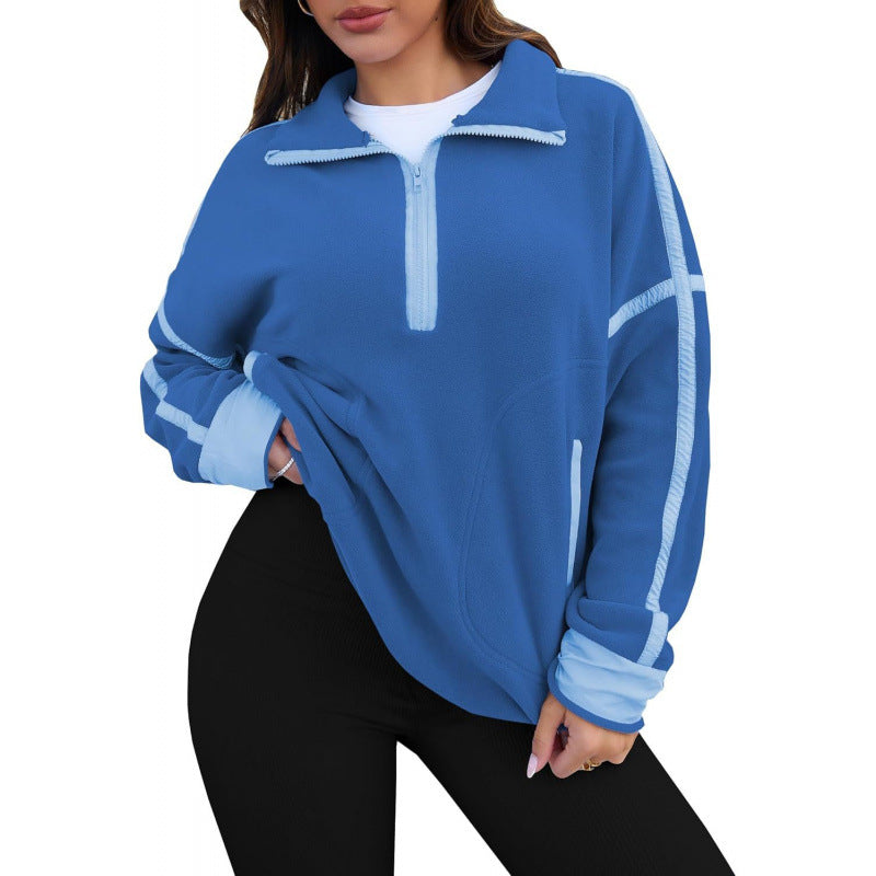 Women's Fleece Pullover with Half Zipper and Contrasting Sleeves