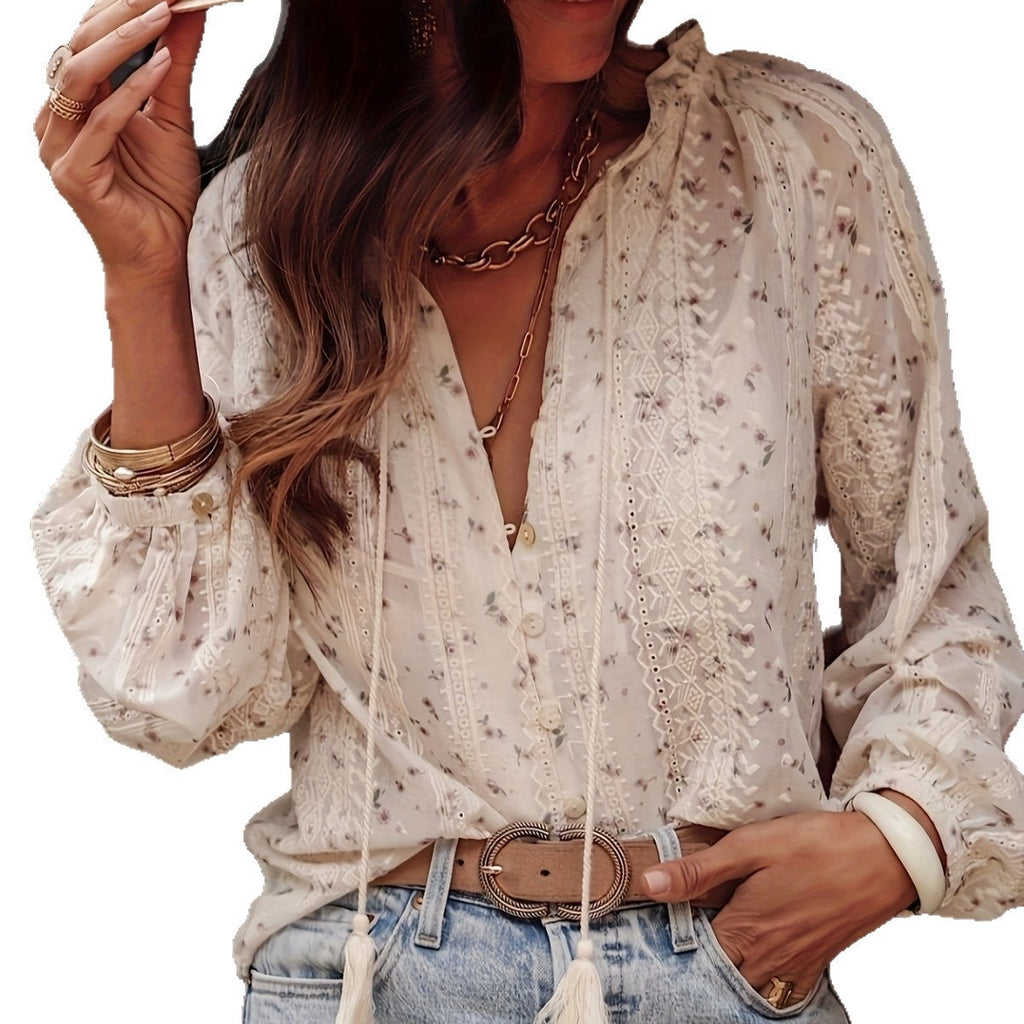 Women's Blouse with Fine Lace Details and Floral Patterns