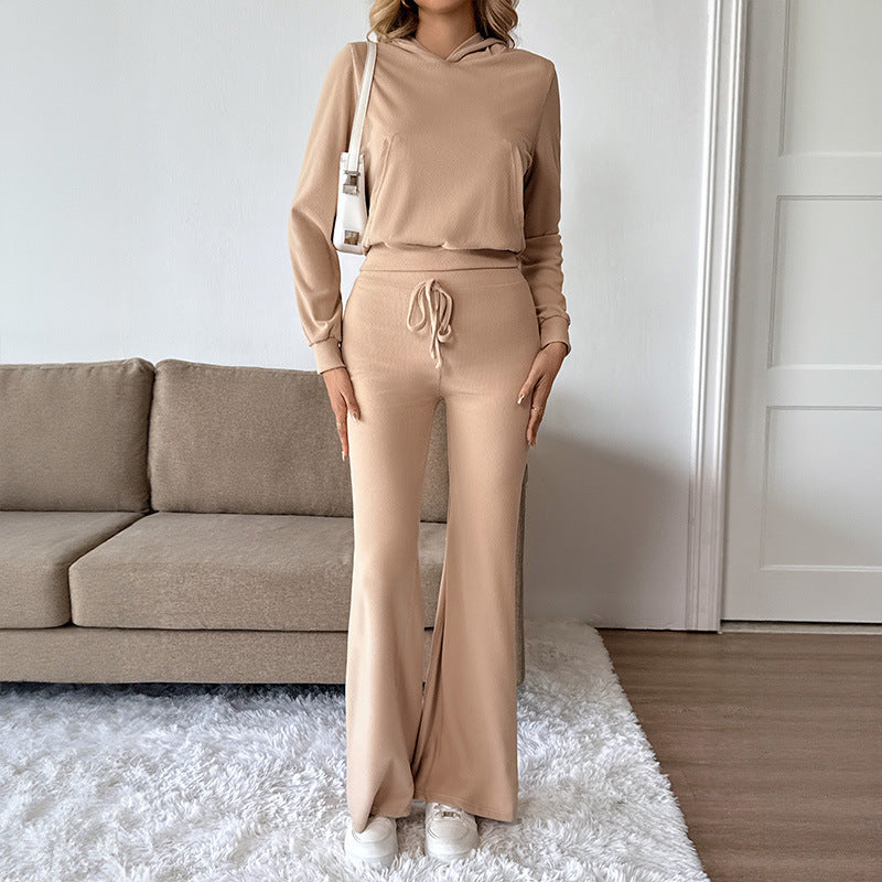 Women's Casual Lounge Set with Hooded Top and High-Waisted Flared Pants