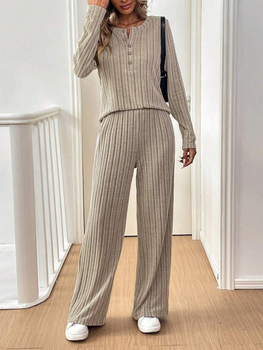Casual Ribbed Lounge Set with Button Detail