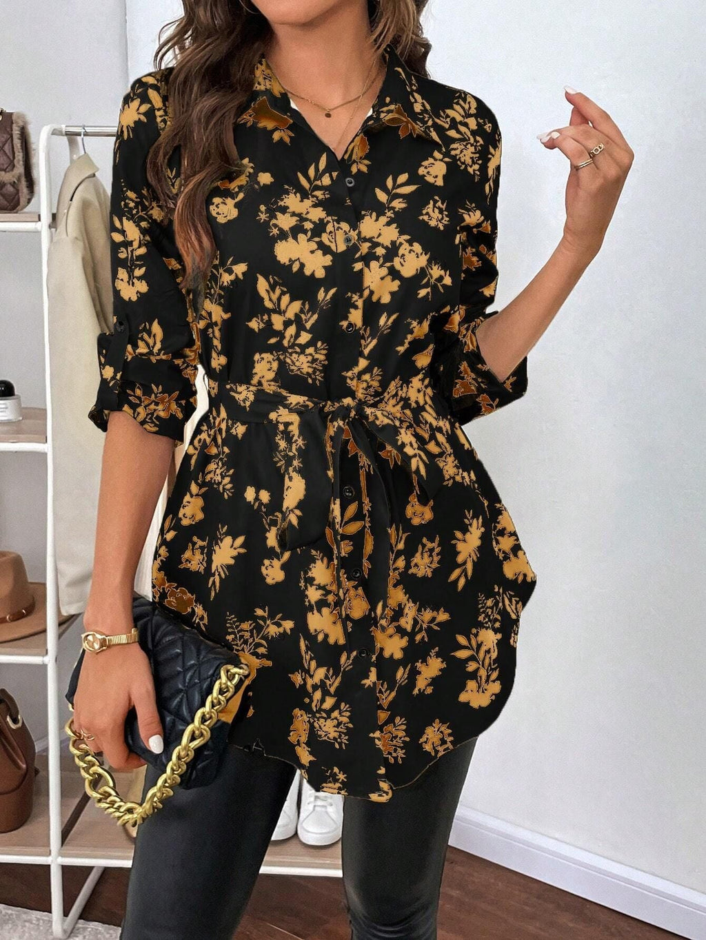 Women's Casual Blouse with Floral Pattern and Waist Tie
