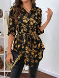 Women's Casual Blouse with Floral Pattern and Waist Tie