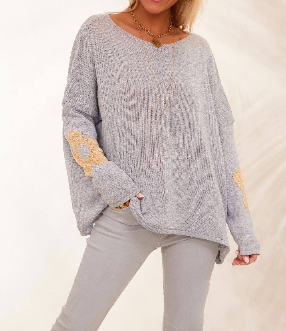 Women's Chunky Knit Sweater with Floral Design and Wide Fit