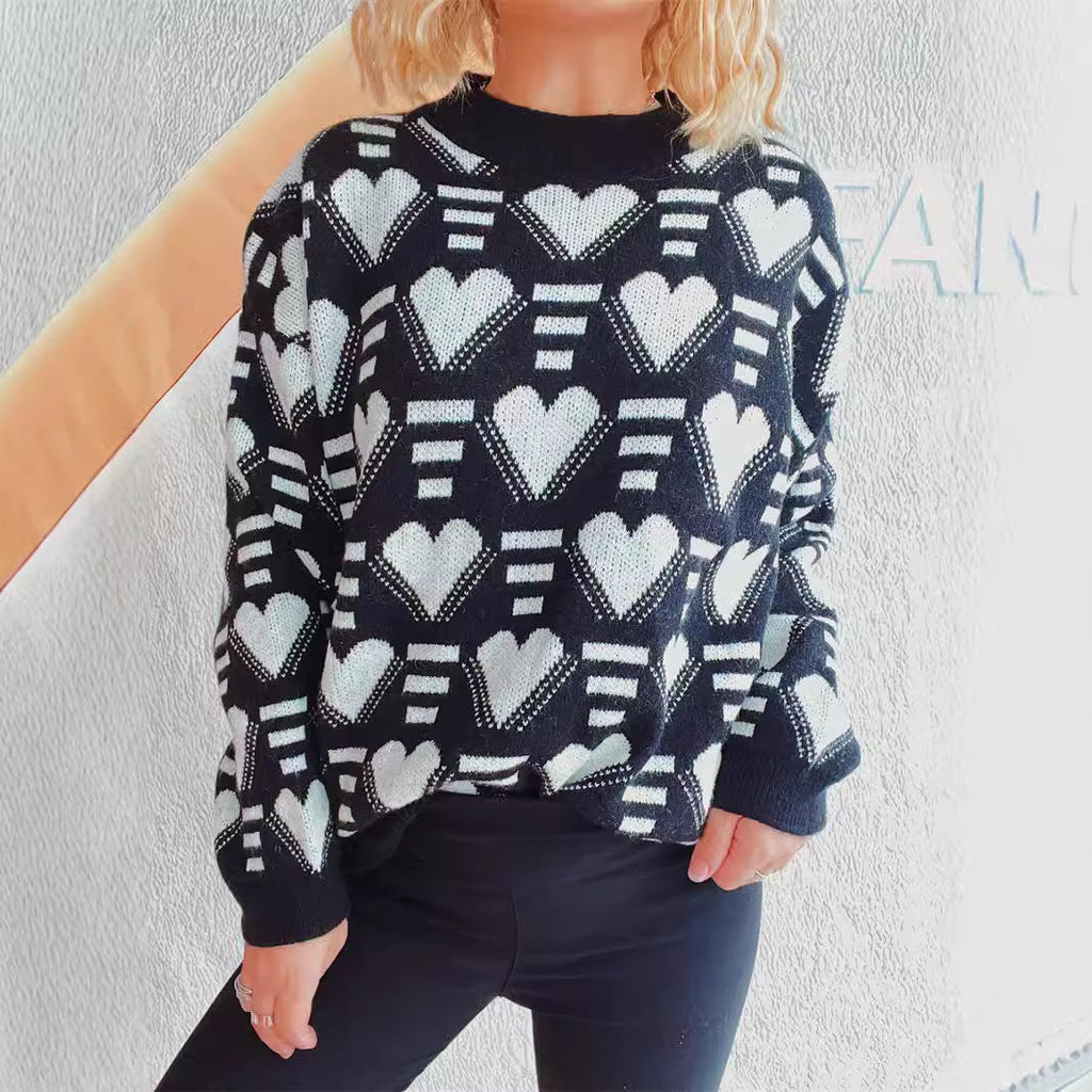 Women's Knit Sweater in Modern Heart Design with Wide Cut