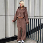 Women's Casual Sport Outfit with Cropped Hoodie and Wide Trousers