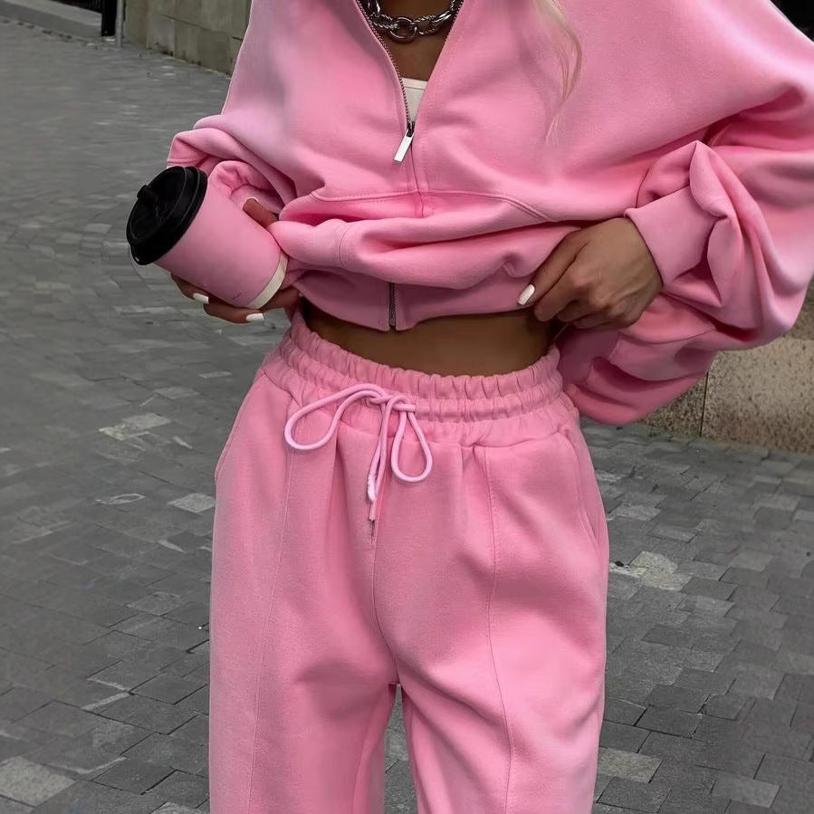 Women's Cropped Hoodie with Half-Zip and High-Waist Joggers