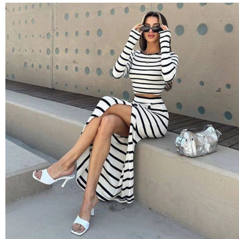 Striped Crop Top and Long Skirt Set