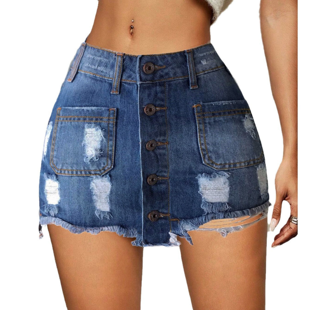 Button-Front Denim Skirt with Frayed Details
