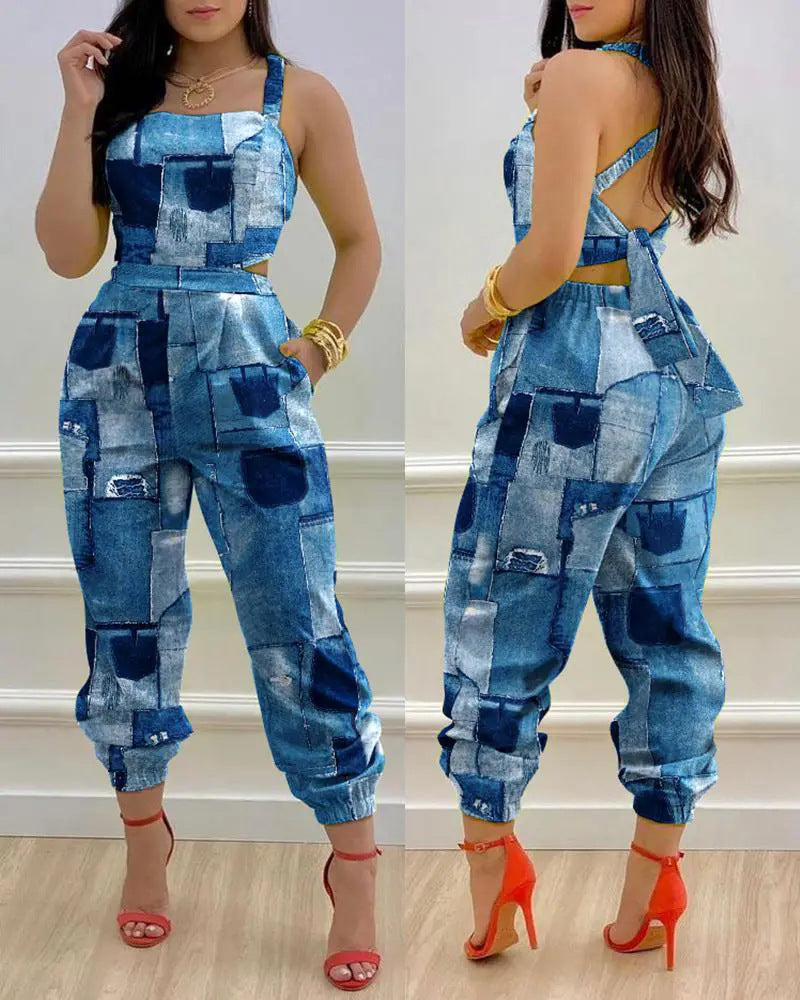 Women's Jumpsuit with Unique Denim Print and Tailored Cut
