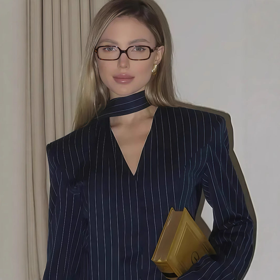 Women's Blazer Dress with Deep V-Neck and Elegant Long Sleeves
