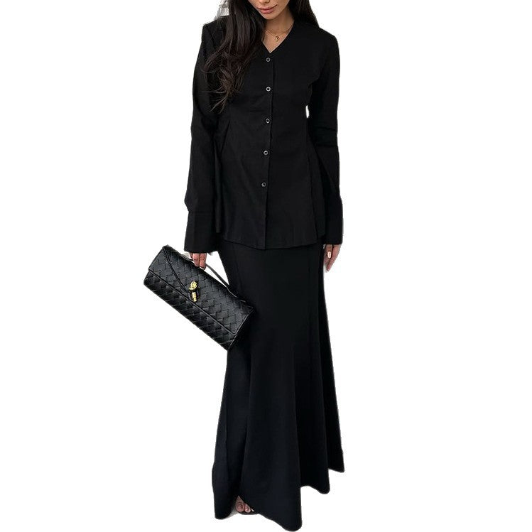 Elegant Women's Two-Piece Set with Flowing Top and Floor-Length Skirt