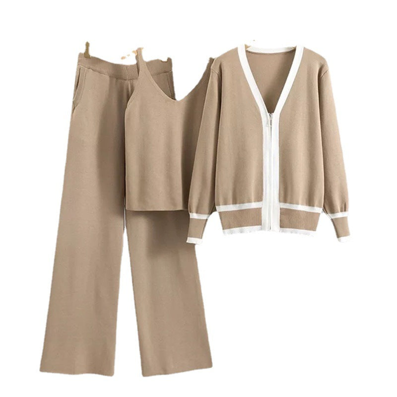 Women's Casual Knit Loungewear Set with Zip Cardigan and Wide-Leg Pants