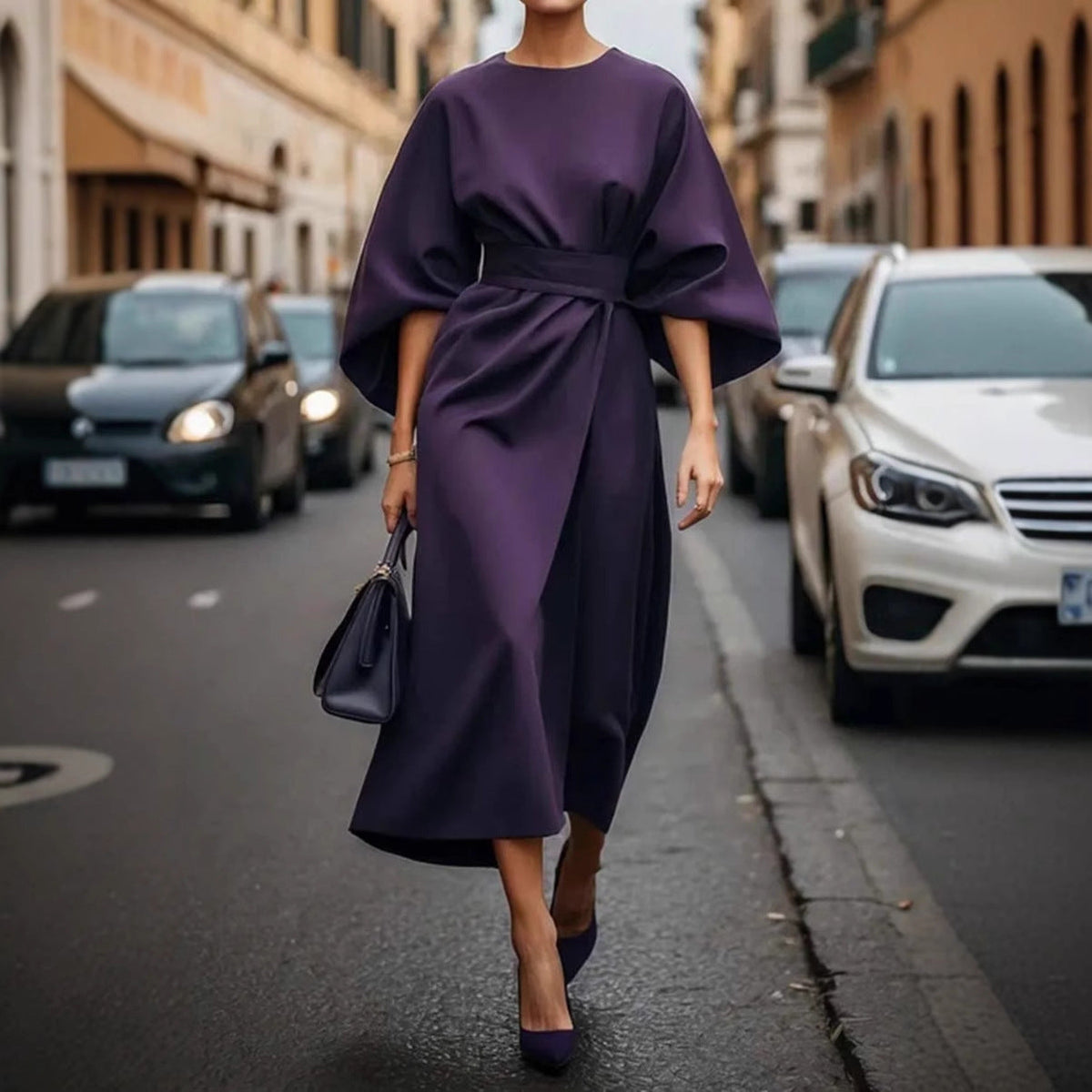 Women's Elegantly Cut Maxi Dress with Puff Sleeves and Fitted Belt