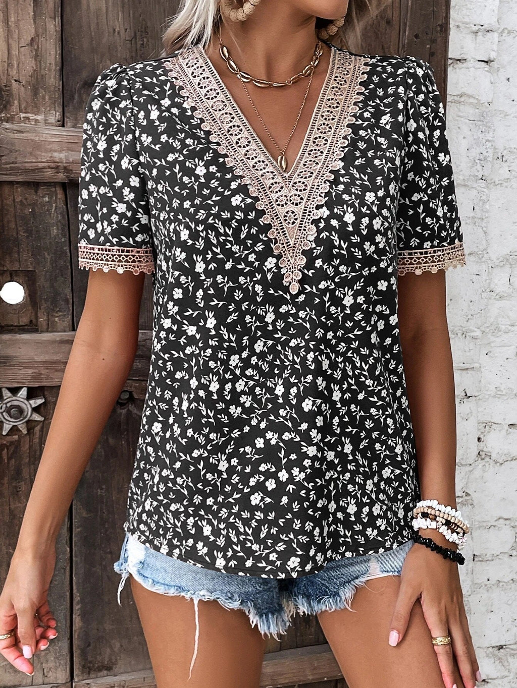 Women's V-Neck Blouse with Delicate Lace Accents