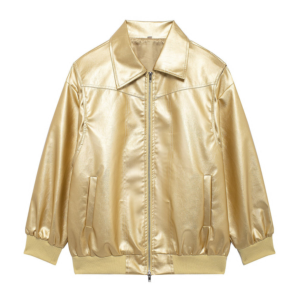 Women's Elegant Faux Leather Jacket with High Collar and Elastic Cuffs