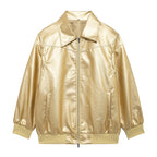 Women's Elegant Faux Leather Jacket with High Collar and Elastic Cuffs