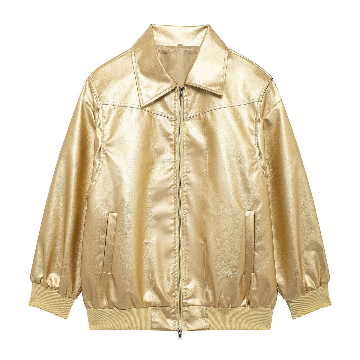 Women's Elegant Faux Leather Jacket with High Collar and Elastic Cuffs