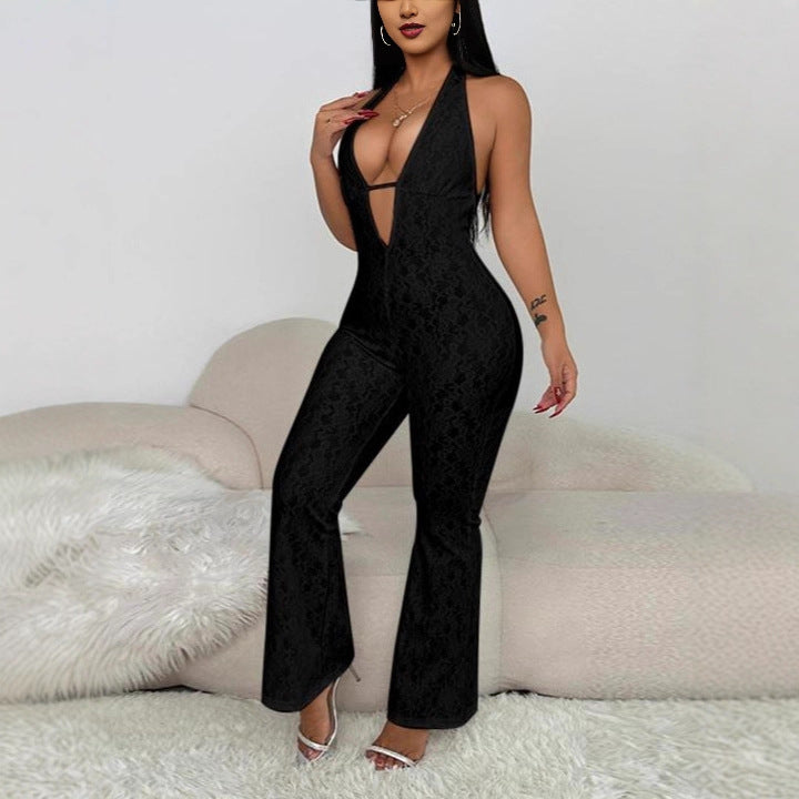 Elegant Jumpsuit with Deep V-Neck and Lace Details
