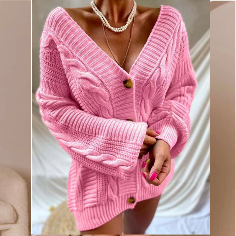 Women's Chunky Knit Cardigan with V-Neck and Button Details