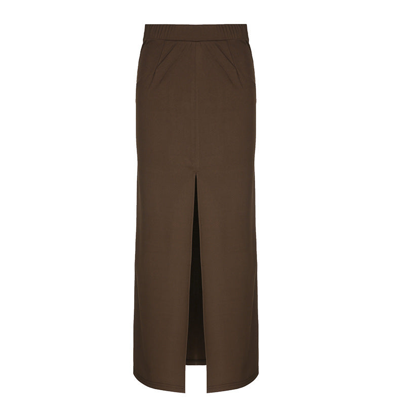 Women's Elegant Midi Skirt with Side Slit and Elastic Waistband