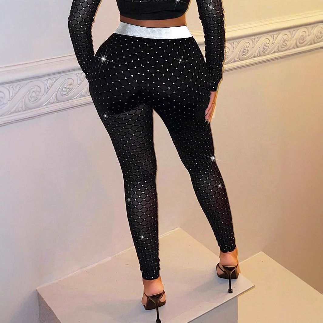 Women's Glamorous Textured Mesh Pants with Rhinestones