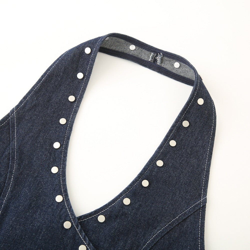 Women's Elegant Denim Vest with Decorative Snap Buttons