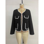 Women's Elegant Short-Sleeve Blazer with Contrast Piping and Pockets