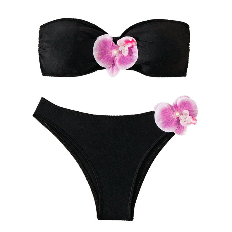 Women's Bandeau Bikini with Elegant Orchid Accents