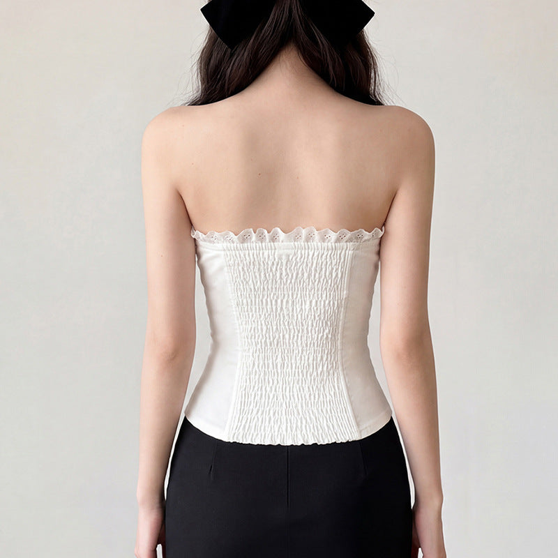 Women's Bustier Top with Ruffled Hem and Button Details
