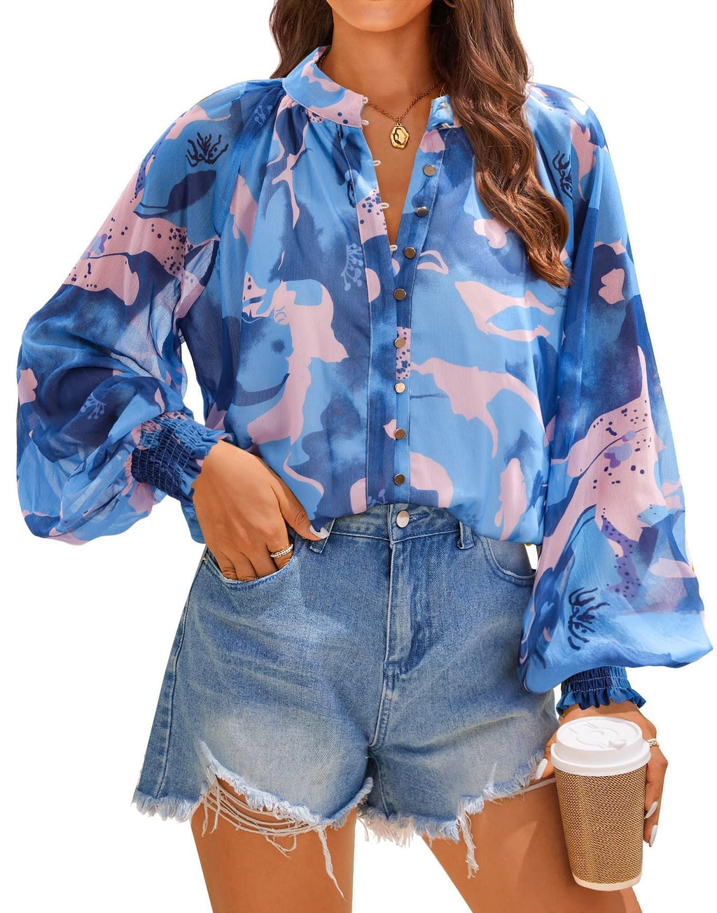 Women's Blouse with Artistic Print and Gathered Sleeves