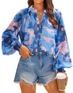 Women's Blouse with Artistic Print and Gathered Sleeves