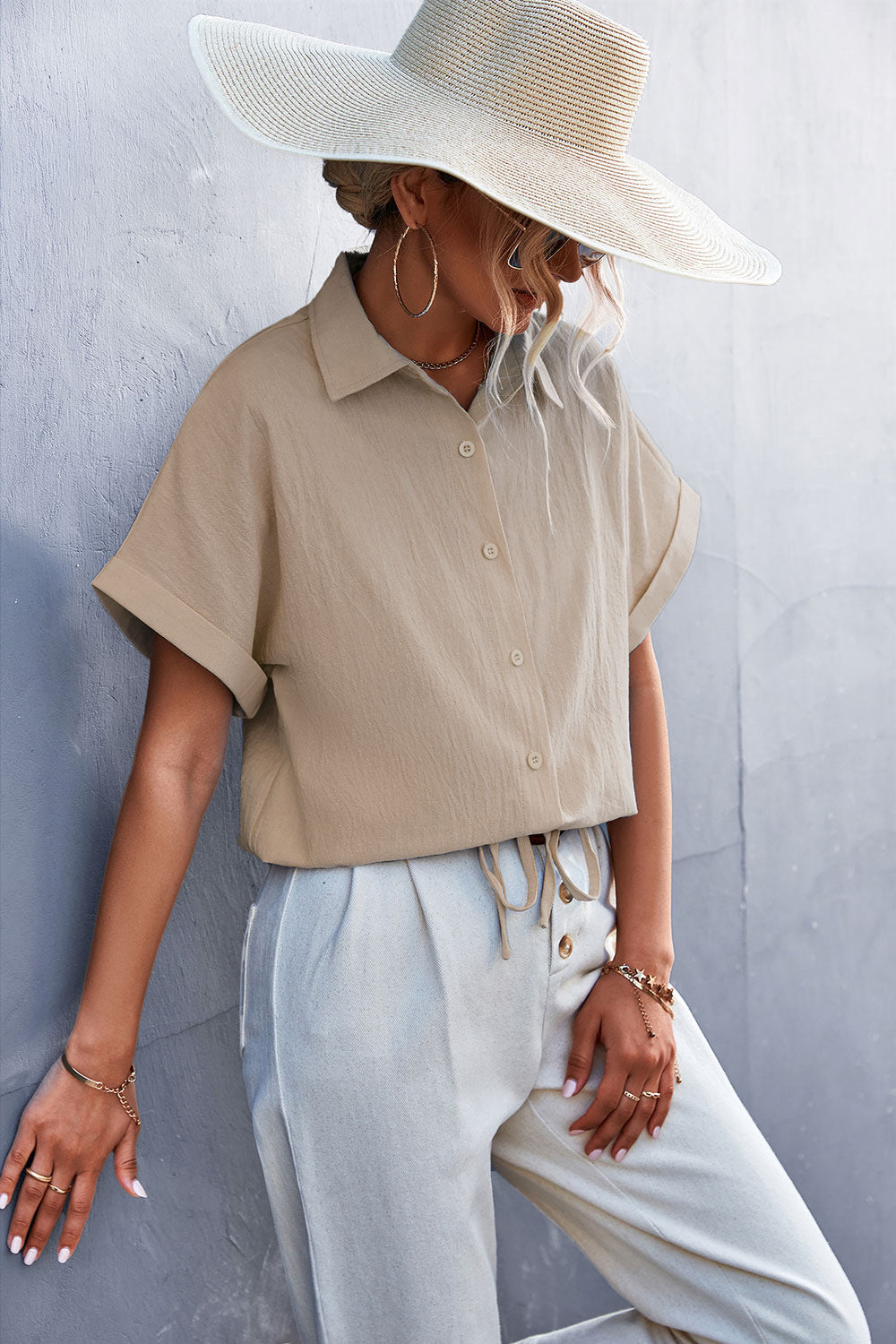 Women's Short-Sleeve Blouse with Waist Tie