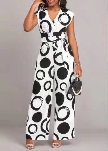 Women's Jumpsuit with Modern Circle Pattern and Waist Belt